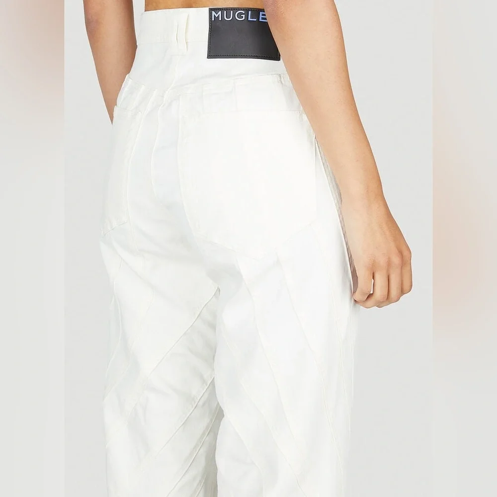 💥SALE💥Retail $950 NWT Mugler White Denim Spiral Seams Long Length JEANS Sold Out - Picture 4 of 15